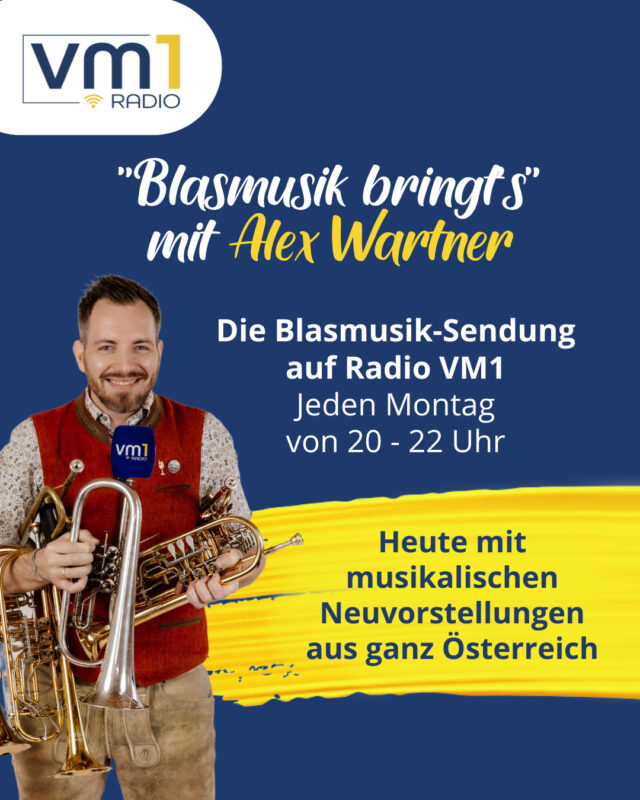 Gleich ist es wieder so weit: Blasmusik bringt's mit Alex Wartner geht in die nächste Runde! 🎺 Heute gibt's brandneue Musik aus Tirol, Salzburg, Niederösterreich und dem Burgenland: Die Innsbrucker Böhmische, Blaskapelle Gehörsturz, Die jungen Munderwurz‘n, Juvavum8, Heimatländer Musikanten, Kronwildkrainer, Oberkrainer Power und Eine kleine Dorfmusik. ➡ Von 20 bis 22 Uhr reinhören!

@innsbruckerboehmische @blaskapellegehoersturz @diejungenmundewurzn @juvavum8_boehmisch @kronwildkrainer @oberkrainerpower @einekleinedorfmusik_ @wartner.alex