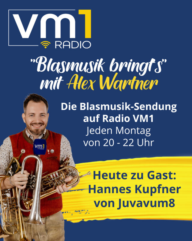 Um 20 Uhr heißt es wieder "Blasmusik bringt's". 🎺 Zu Gast ist heute Hannes Kupfner von Juvavum8 und mit ihm plaudert Alex Wartner über die Leidenschaft zur Blasmusik, das Musizieren zu acht und über ihre neuen Titel! 👏

@hanneskupfner @juvavum8_boehmisch @woodstockmusic.at @salzburgerblasmusikverband @wartner.alex