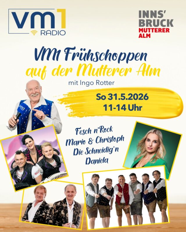 Am kommenden Sonntag noch nichts vor? ➡ Am 31.5. von 11 bis 13 Uhr sind wir mit dem VM1 Frühschoppen und Ingo Rotter auf der Mutterer Alm oberhalb von Innsbruck zu Gast! Mit dabei sind:

➡ Mario & Christoph
➡ Fesch n' Rock
➡ Die Schneidig'n
➡ Daniela

Kommt vorbei uns freut euch auf einen Vormittag voller Musik und bester Unterhaltung von Radio VM1 auf der Mutterer Alm! 👏

@marioundchristoph_music 
@feschnrock 
@danielas.musik 
@die.schneidign 
@innsbruck_muttereralm 
@ingorottermoderator
