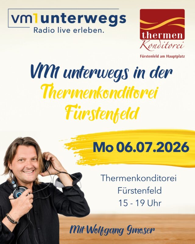 Heute Nachmittag sind wir mit "VM1 unterwegs" zu Gast in der Thermenkonditorei Fürstenfeld! ➡ Von 15 bis 19 Uhr führt unser lieber Wolfgang Gmoser durch die Live-Sendung vor Ort und unterhält uns mit interessanten Interviewgästen und bester Musik! Wir freuen uns! 👏

@suesses_von_ulreich @wolfgang.c.gmoser