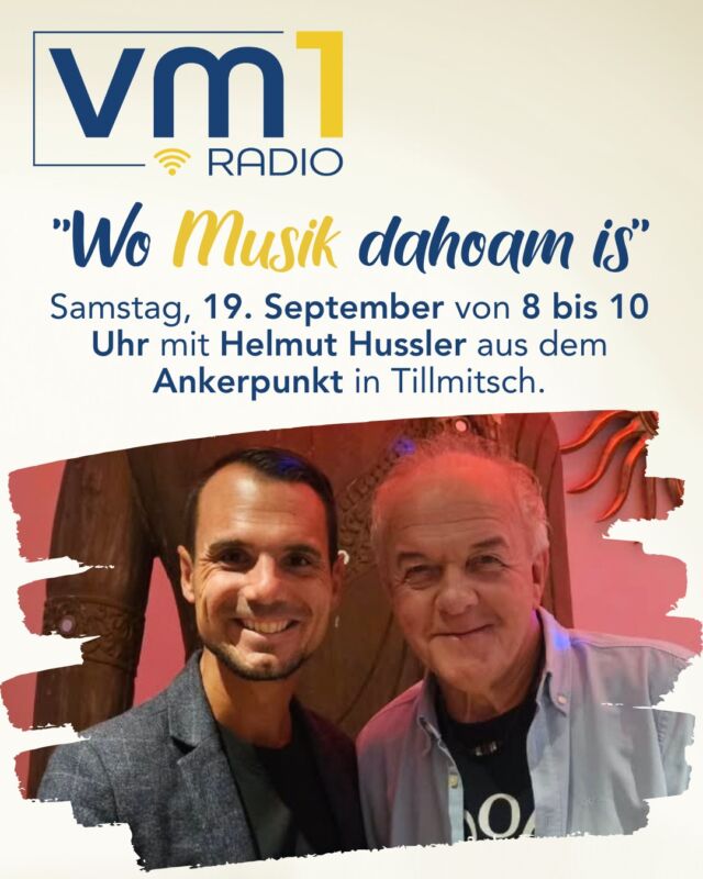 Aus dem Ankerpunkt in Tillmitsch kommt die nächste Folge von "Wo Musik dahoam is". 😀 Daniel Düsenflitz Müller empfängt morgen ab 8 Uhr seinen diesmaligen Gast Helmut Hussler! 👏 Es gibt natürlich wieder viel schöne Musik zu hören und ein Gespräch über persönliche Erfolge! ➡ Einschalten und dabei sein bei uns auf Radio VM1. 🎶

@ankerpunkt @danielduesenflitz_official @helmut_hussler