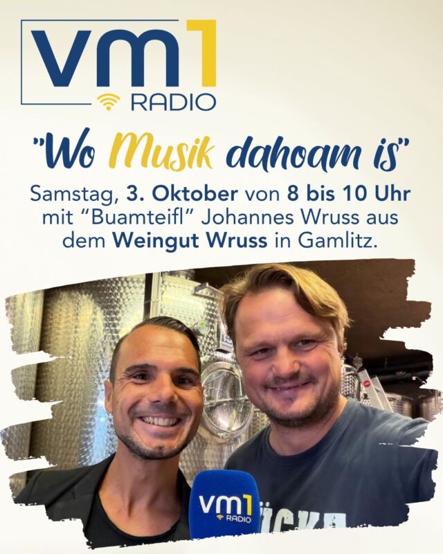 Ganz speziell für alle Fans der Oberkrainermusik heißt es morgen ab 8 Uhr wieder "Wo Musik dahoam is" mit Daniel Düsenflitz Müller und Johannes Wruss von "Buamteifl". ➡ Im Weingut Wruss in Gamlitz sprechen die beiden Künstler über die Musik und das Leben und präsentieren uns zwei Stunden persönlich ausgewählte Lieblingsmusik! 🎶

@buamteifl_ @danielduesenflitz_official