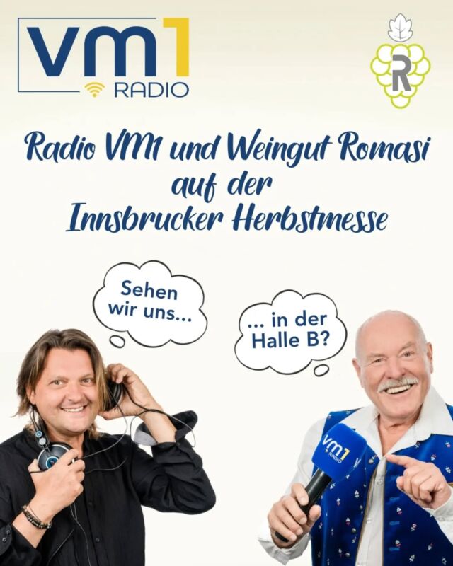 Morgen geht sie los, die Innsbrucker Herbstmesse! 👏🏻 Wir von Radio VM1 sind mit dabei - gemeinsam mit dem Weingut Romasi freuen wir uns auf euch in der Halle B. ➡️ Kommt vorbei, lernt unsere Moderatoren kennen, dreht am Glücksrad, genießt ein Glaserl Tiroler Wein und lasst euch überraschen, was es heuer Neues gibt! 😀

@ingorottermoderator @congress_messe_innsbruck @weingut_romasi @wolfgang.c.gmoser