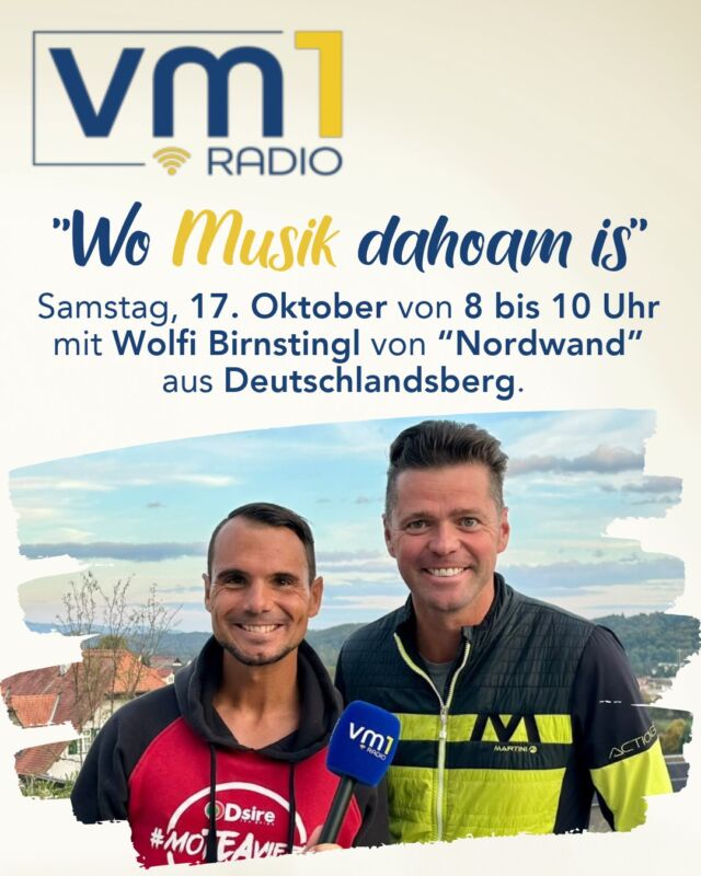 Morgen Samstag gibt es bereits die 25. Ausgabe von "Wo Musik dahoam is" und Daniel Düsenflitz Müller besucht Wolfi Birnstingl, den Frontman der Gruppe "Nordwand" in seiner Heimat Deutschlandsberg. ➡ Großartige Geschichten - gemischt mit abwechslungsreicher Musik. Von 8 bis 10 Uhr bei uns auf Radio VM1. 👏

@nordwand_ @danielduesenflitz_official